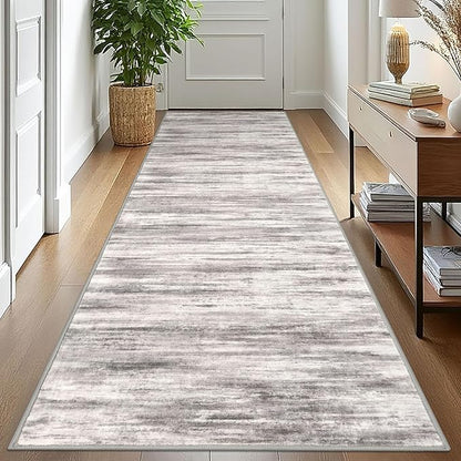KOZYFLY 3x10 Ft Rug Modern Ombre Runner Rug for Hallway, Washable Kitchen Rugs Non-Slip Soft Striped Entryway Rug, Print Grey/Light Beige/Brown Abstract Carpet for Laundry Nursery
