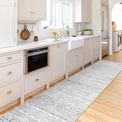Washable Moroccan Hallway Runner Rugs - 2'6''x16' Non Slip Kitchen Rug Soft Floor Carpet Rubber Backing Vintage Long Mat with Low Pile Rugs for Living Room Entryway Farmhouse 2'6''x16' Gray
