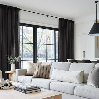 Black Linen Curtains 102 inches Long for Bedroom Back Tab Light Filtering Privacy Semi Sheer Black Curtains Living Room Boho Rustic Farmhouse Cotton Textured Gauze Curtain 2 Panel Set