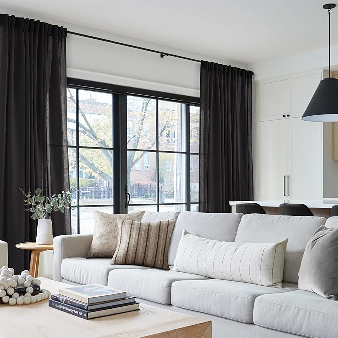 Black Linen Curtains 144 inches Long for Bedroom Back Tab Light Filtering Privacy Semi Sheer Black Curtains Living Room Boho Rustic Farmhouse Cotton Textured Gauze Curtain 2 Panel Set