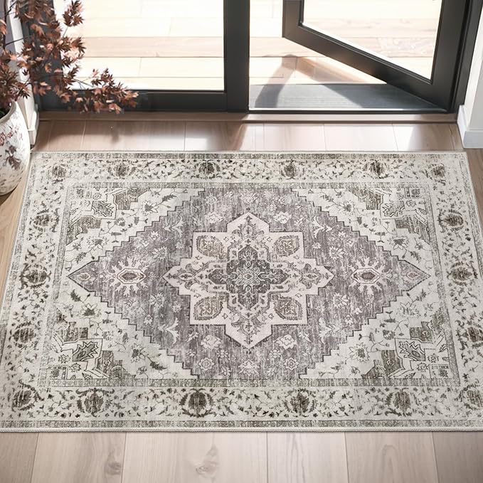 SERISSA Boho Rugs for Entryway, 2x3 Entryway Rug Non-Slip Washable Small Area Rug, Ultra Soft Oriental Vintage Low-Pile Indoor Door Mat Earth Tone Floor Carpet for Entrance Kitchen Bathroom