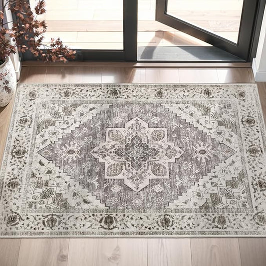 SERISSA Boho Rugs for Entryway, 2x3 Entryway Rug Non-Slip Washable Small Area Rug, Ultra Soft Oriental Vintage Low-Pile Indoor Door Mat Earth Tone Floor Carpet for Entrance Kitchen Bathroom