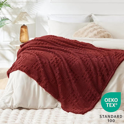 EXQ Home Fleece Throw Blanket for Couch or Bed - 3D Waffle Patchwork Pattern Jacquard Decorative Blankets - Cozy Soft Lightweight Fuzzy Flannel Blanket Suitable for All Seasons(50"×60",Red)