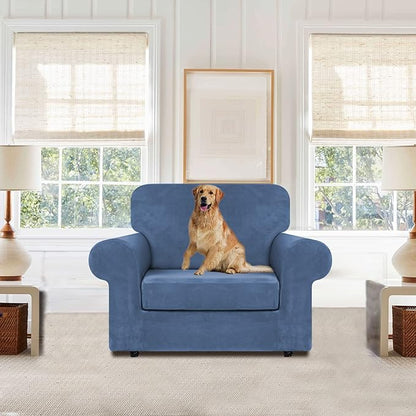 WEERRW Velvet Stretch Chair Sofa Slipcover - 2 Pieces Luxury Soft Velvet Plush Couch Cover Furniture Protector with Elastic Bottom for Pets, Machine Washable, Light Blue, Small
