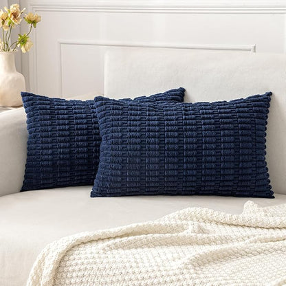 MIULEE Pack of 2 Corduroy Decorative Lumbar Throw Pillow Covers 20x12 Inch Soft Boho Striped Pillow Covers Modern Farmhouse Home Decor for Summer Coastal Sofa Living Room Couch Bed Dark Blue