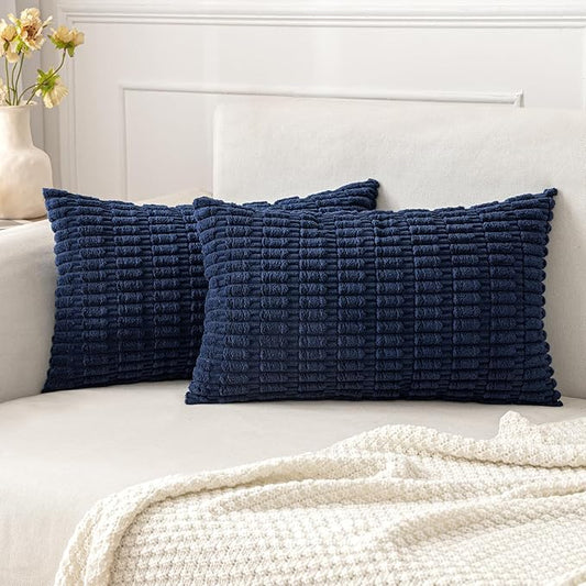 MIULEE Pack of 2 Corduroy Decorative Lumbar Throw Pillow Covers 20x12 Inch Soft Boho Striped Pillow Covers Modern Farmhouse Home Decor for Summer Coastal Sofa Living Room Couch Bed Dark Blue