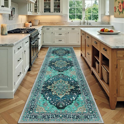 Area Rugs 2'x7' Runner Rug Non Slip Washable for Kitchen Hallway Bedroom Beside Laundry Room Bathroom Rug, Floor Carpet, Teal Green Lake Blue Turquoise