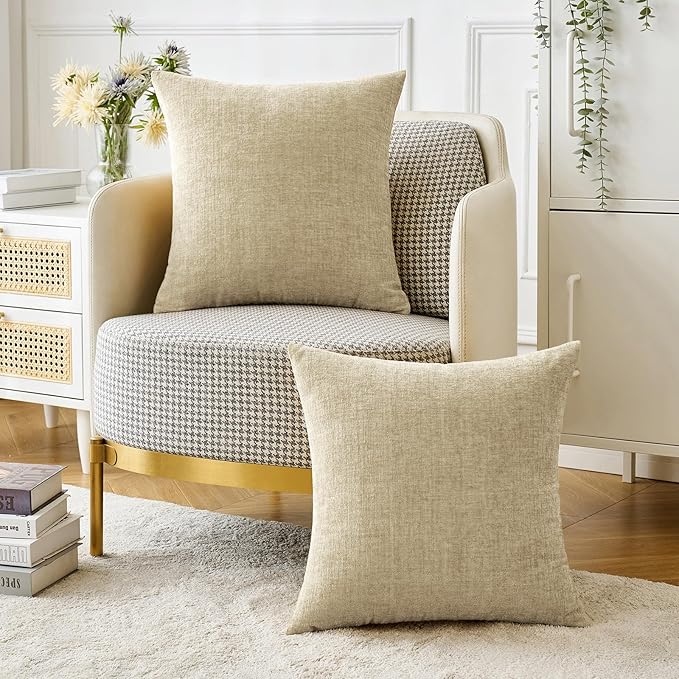 MIULEE Pack of 2 Beige Throw Pillow Covers 16x16 Inch Soft Chenille Pillow Covers for Sofa Living Room Spring Home Decor Couch Solid Dyed Cases