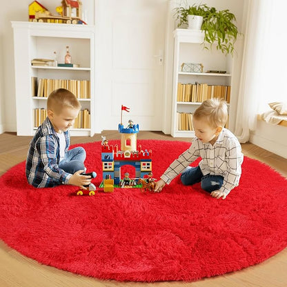 ONASAR Red Round Rugs 5ft for Bedroom Living Room, Fluffy Circle Area Rug for Kids Girls Boys Teen, Soft Plush Shaggy Carpet for Nursery Dorm Classroom Playroom Home Decor Aesthetic