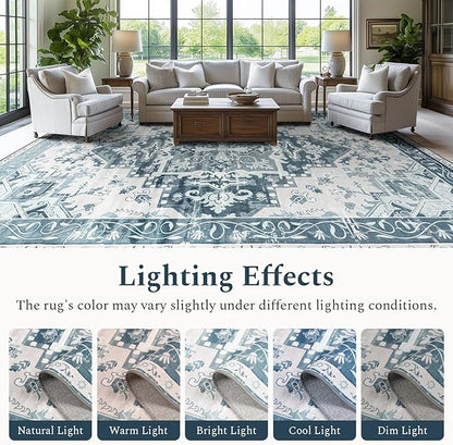 Rugflix 6x9 Area Rug for Living Room, Machine Washable Area Rugs with Non-Slip Backing, Large Soft Boho Vintage Rug for Bedroom, Dining Room, Low Pile Carpet, Kids Pet Friendly, Blue