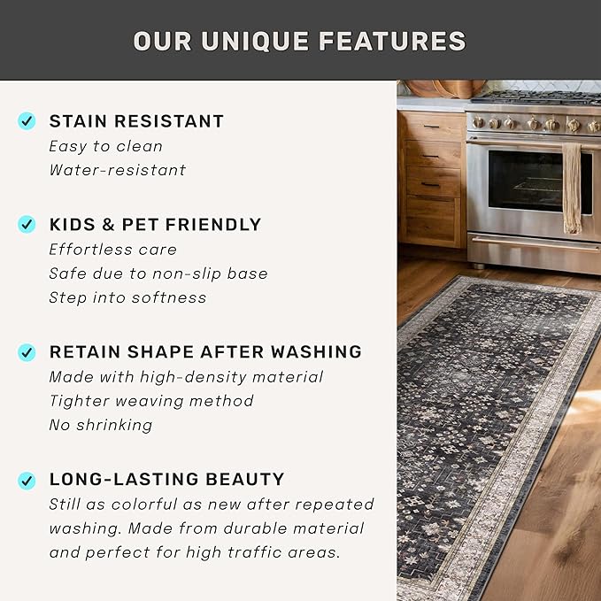 Black Boho Living Room Rug 5x7, Washable Dark Vintage Moody Low Pile Non Slip Carpet for Bedroom, Dinning Room, Office, Farmhouse, Retro Area Rug Indoor Decor (5x7 Black/Multi)