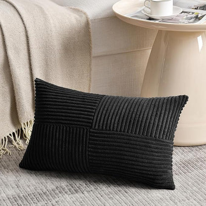 Fancy Homi 2 Packs Black Lumbar Decorative Throw Pillow Covers 20x28 Inch for Living Room Couch Bed Sofa, Rustic Farmhouse Boho Home Decor, Soft Striped Corduroy Rectangle Accent Cushion Case 50x70 cm