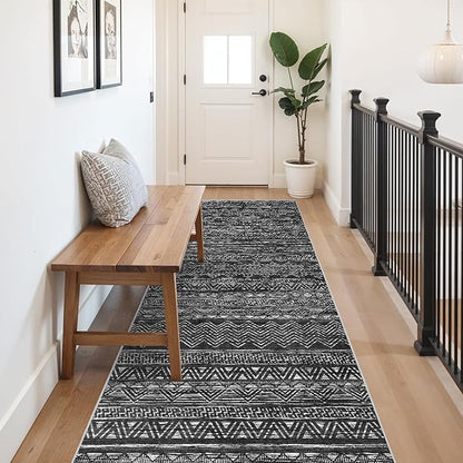 3x10 Washable Hallway Runner Rug - Moroccan Non-Slip Long Runners for Entryway Soft Modern Geometric Low-Pile Rugs for Kitchen Waterproof Neutral Carpet for Bedrooom Bathroom Laundry 3x10 Black