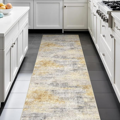 2x6 Washable Kitchen Runner Rug: Modern Abstract Runners for Hallway Soft Non Slip Rugs with Rubber Backing Low Pile Thin Floor Carpet for Entryway Bedroom Bathroom Bedside Indoor(Grey/Yellow,2x6)