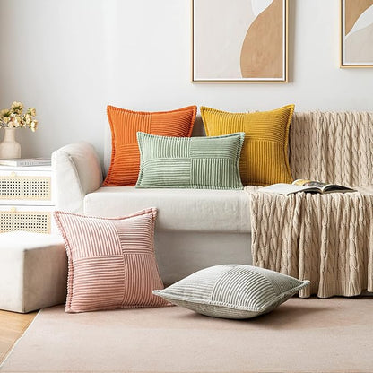 MIULEE Decorative Throw Pillow Covers for Couch Bed Livingroom 16x16 Inch Set of 2 Fall Mustard Yellow Boho Accent Throw Pllows Broadside Striped Patchwork Soft Corduroy Pillowcases