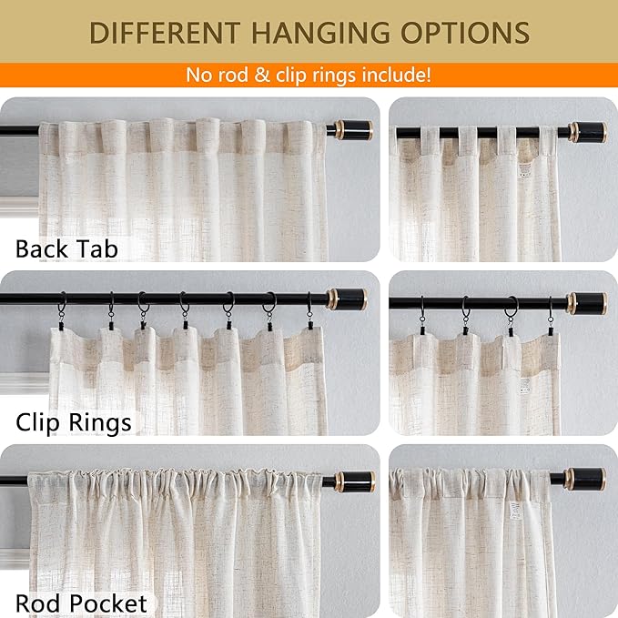 MYSKY HOME Linen Sliding Glass Door Curtains for Living Room 84 Inches Long, Natural Light Filtering Semi Sheer Curtains & Drapes 1 Panel Farmhouse Country Boho Style Back Tab Draperies, 100" Wide