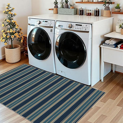 Striped Outdoor Rug - 28" x 43" Front Door Mat Indoor Outside Entrance Non-Slip Washable Outdoor Mat Navy Blue Coastal Rug for Entryway Kitchen Bedroom Welcome Layered Doormat for Front Porch