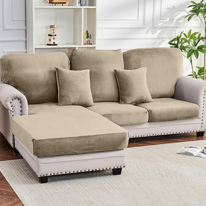 Couch Cover 6-Piece Elastic Velvet Couch Cushion Covers & Chaise Slipcovers for L-Shaped Sofas - Sofa Seat Covers Washable, Soft Cover for Couches (5 Seater + Chaise, Leather Brown)