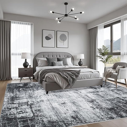 10x12 Area Rug Living Room Rug: Washable Modern Abstract Soft Thin Rug Indoor Floor No Slip Stain Resistant Carpet for Bedroom Dining Room Farmhouse Nursery Home Office - Dark-Black