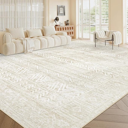 Living Room Rugs 10x14: Washable Moroccan Geometric Boho Rug Farmhouse Non Slip Stain Resistant Large Rug Low Pile Soft Carpet for Bedroom Dining Room Kids Room (Ivory Beige,10'x14')