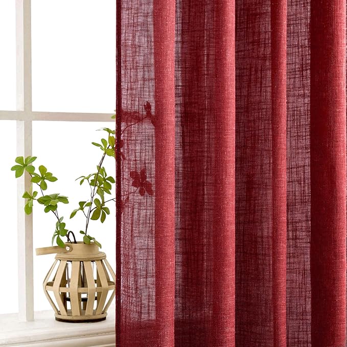 MIULEE Burgundy Red Linen Curtains 72 Inch Length for Bedroom Living Room, Soft Thick Linen Textured Window Drapes Semi Sheer Light Filtering Back Tab Rod Pocket Burlap Look Christmas Decor, 2 Panels