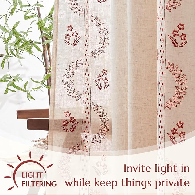 jinchan Belrose Linen Curtains for Bedroom Floral Curtains 96 Inch Length Linen Blend Burgundy Red Embroidered Drapes Farmhouse Flower Patterned Drapes for Living Room Window Treatments Set 2 Panels
