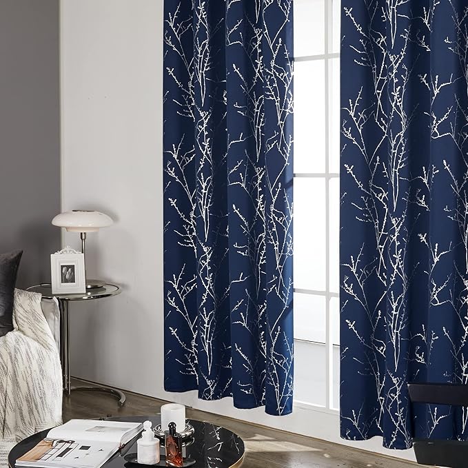 Deconovo Blackout Curtains, Navy Blue Curtain, Thermal Insulated Soundproof Drapes, Branch Silver Print, 42 x 72 Inch Long, Machine Washable Grommet Panels for Bedroom Living Room Office, Set of 2
