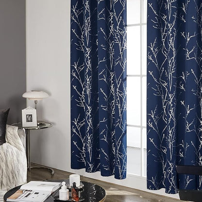 Deconovo Blackout Curtains, Navy Blue Curtain, Thermal Insulated Soundproof Drapes, Branch Silver Print, 42 x 72 Inch Long, Machine Washable Grommet Panels for Bedroom Living Room Office, Set of 2