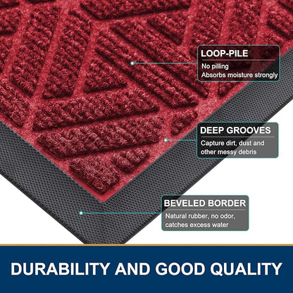 Smiry Front Door Mat Outside Entrance, Heavy Duty Sturdy Natural Rubber Doormat, Trap Dirt and Moisture, Easy Clean Low Profile Mats for Indoor Outdoor Entry, Grid Geometric (29.5x17, Wine Red)