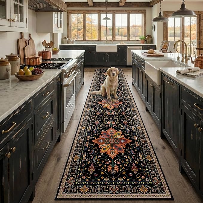 Area Rugs 2'6''x12' Runner Rug Non Slip Washable for Kitchen Hallway Bedroom Beside Laundry Room Bathroom Rug, Floor Carpet, Black Colorful Floral Dark Tan