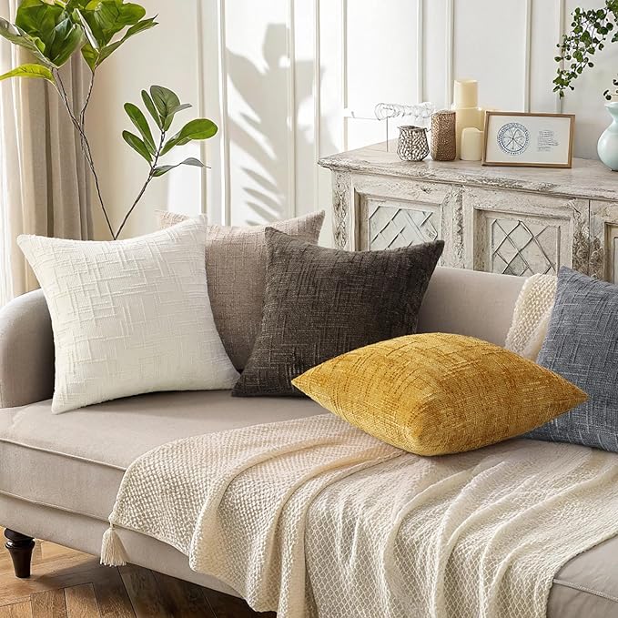 decorUhome Summer Mustard Yellow Chenille Throw Pillow Covers 16x16 Set of 2 Textured Soft Cozy Slubby Couch Pillow Covers Modern Farmhouse Boho Decorative Pillow Cases for Bed Sofa Living Room