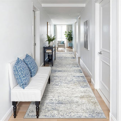 Kitchen Runner Rugs Non Skid Washable - 2.5 x 10 Runner Rug with Anti Slip Backing, Ultra-Thin Soft Rug Runner for Hallway, Bedroom, Living Room (2.5'x10', Blue/Brown/Ivory)