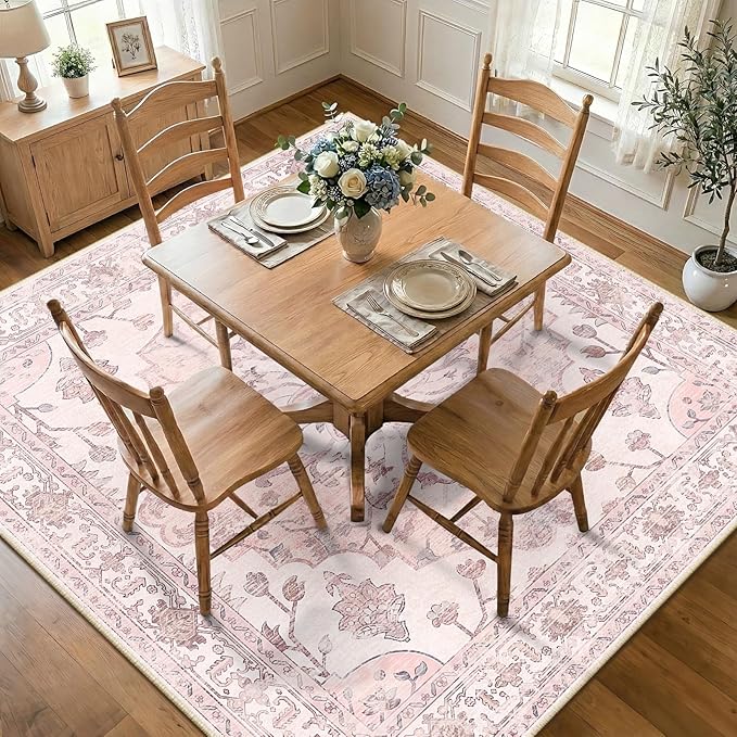 RELEANY Area Rugs Square 7ft Washable Non-Slip, Floral Vintage Distress Print Pattern Medallion Carpet for Living Room Bedroom Dining Room, Pink Greypink Cute
