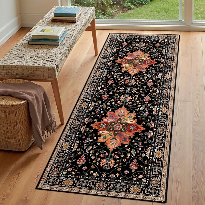 Area Rugs 3'x8' Runner Rug Non Slip Washable for Kitchen Hallway Bedroom Beside Laundry Room Bathroom Rug, Floor Carpet, Black Colorful Floral Dark Tan