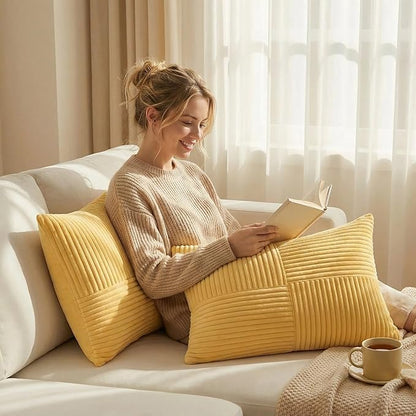 Fancy Homi 2 Packs Yellow Lumbar Decorative Throw Pillow Covers 12x20 Inch for Living Room Couch Bed Sofa, Farmhouse Boho Home Decor, Soft Striped Corduroy Rectangle Accent Cushion Case 30x50 cm