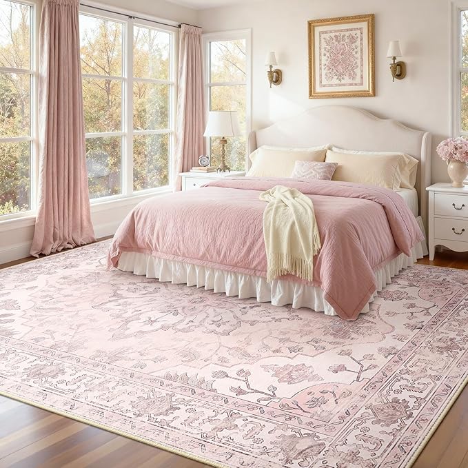 RELEANY Area Rugs 9'x12' Washable Non-Slip, Floral Vintage Distress Print Pattern Medallion Carpet for Living Room Bedroom Dining Room, Pink Greypink Cute