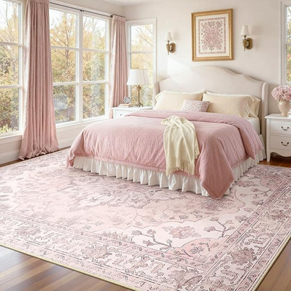 RELEANY Area Rugs 9'x12' Washable Non-Slip, Floral Vintage Distress Print Pattern Medallion Carpet for Living Room Bedroom Dining Room, Pink Greypink Cute