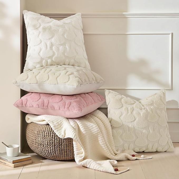 decorUhome Easter Bunny Pillow Covers 20x20 Inch Set of 2, Soft Plush Faux Wool Jacquard Cream White Rabbit Cushion Covers, Farmhouse Neutral Spring Easter Holiday Decor for Couch Sofa Bed