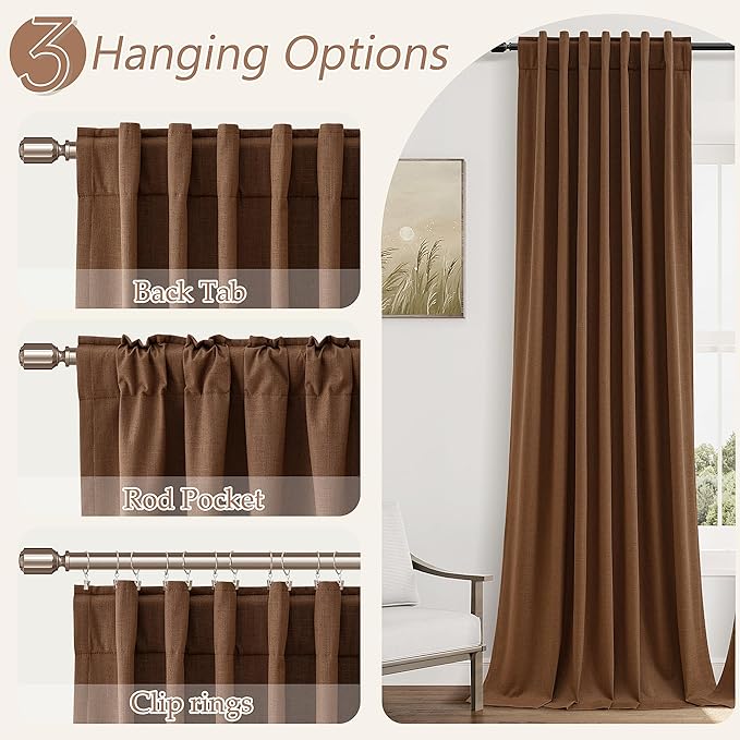 Guken 100% Blackout Linen Curtains 84 Inch Length 2 Panels Set for Living Room Bedroom Back Tab Thermal Insulated Black Out Linen Drapes Room Darkening Window Curtains 84 Inches Long,Caramel Brown