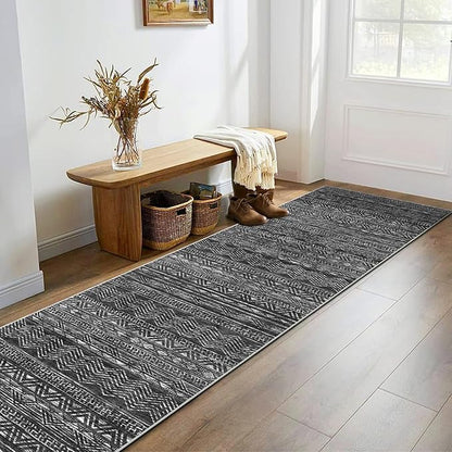 Washable Runner Rug 2'6''x14'Moroccan- Non Slip Hallway Rugs Rubber Backing Kitchen Floor Carpet Low Pile Long Mat with Soft Entryway Rug 2'6''x14'Black