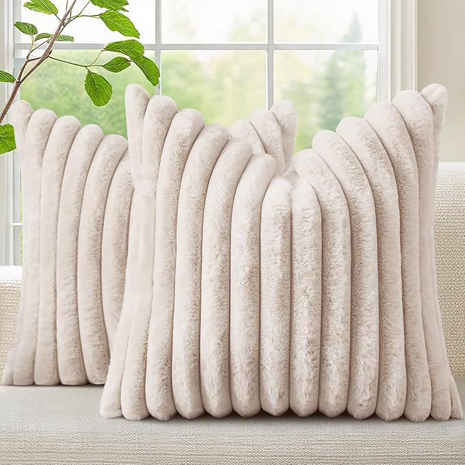 decorUhome Summer Cozy Faux Fur Throw Pillow Covers 26x26 Set of 2 Decorative Soft Plush Striped Modern Farmhouse Boho Couch Euro Sham Pillow Cases with Velvet Back for Sofa Bed Living Room, Beige