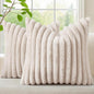 decorUhome Summer Cozy Faux Fur Throw Pillow Covers 22x22 Set of 2 Decorative Soft Plush Striped Modern Farmhouse Boho Couch Euro Sham Pillow Cases with Velvet Back for Sofa Bed Living Room, Beige
