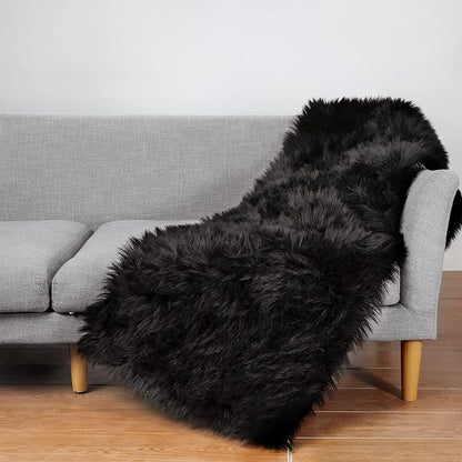 Ciicool Black Fur Fluffy Rug, 2x4 ft Small Faux Fur Rug for Bedroom, Washable Faux Sheepskin Rugs for Sofa Couch Seat Cushion, Thick Shaggy Furry Floor Carpets for Bedside Living Room
