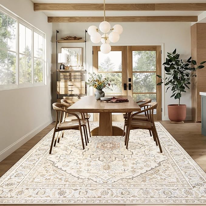 Area Rugs 8x10 Vintage Rug: Large Washable Living Room Rug Retro Medallion Distressed Soft Low Pile Non-Slip Indoor Floor Carpet for Bedroom Kitchen Nursery Dining Office (BeigeBrown, 8'x10')