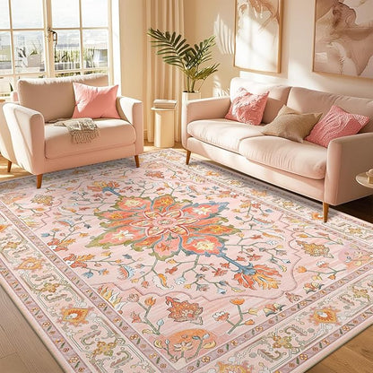 RELEANY Area Rugs 6'x9' Washable Non-Slip, Floral Vintage Distress Print Pattern Medallion Carpet for Living Room Bedroom Dining Room, Light Pink Colorful