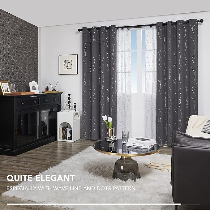 Deconovo Gray Curtains for Living Room, Blackout Drapes, Protect Pravicy Thermal Insulated Soundproof Window Drape, Wave Dots Foil Print, 52 x 108 Inch, Set of 2 Panels for Bedroom Sliding Glass Door