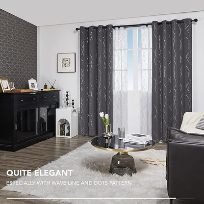 Deconovo Grey Blackout Curtains for Bedroom, Thermal Insulated Soundproof Drapes, Wave Dots Foil Print, 52 x 84 Inches Long, 2 Panels, Machine‑Washable Privacy Window Panel for Living Room Patio Door