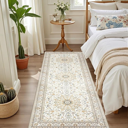 Hallway Runner Rug Non Slip - Washable 2.6x8 Kitchen Rugs for Living Room, Low-Pile Soft Bedroom Rug Indoor Floor Stain Resistant Carpets for Entryway, Laundry, Bathroom Beige