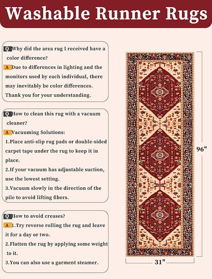 SERISSA Runner Rug for Hallways, 2'6"x8' Washable Non Slip Kitchen Runner Rug, Long Boho Rug Vintage Red Black Hallway Stair Ultra Soft Print Floor Carpet for Bedroom Bathroom Laundry Room