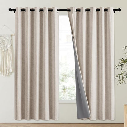 NICETOWN Oatmeal Vintage Open Linen Weave Flax Thermal Curtains, 100% Blackout Curtains 72" Long for Dining Room, Soundproof Window Treatment Drapes for Laundry Room, 62" Wide Per Panel, Set of 2